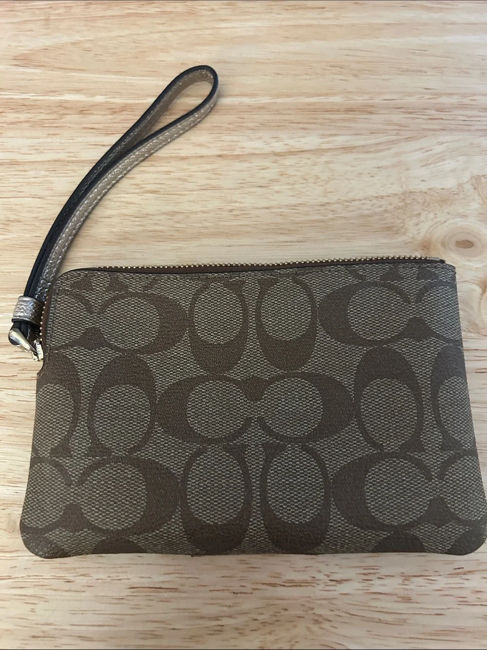 Coach Brown Signature Canvas Wristlet with Metallic Gold Stripe